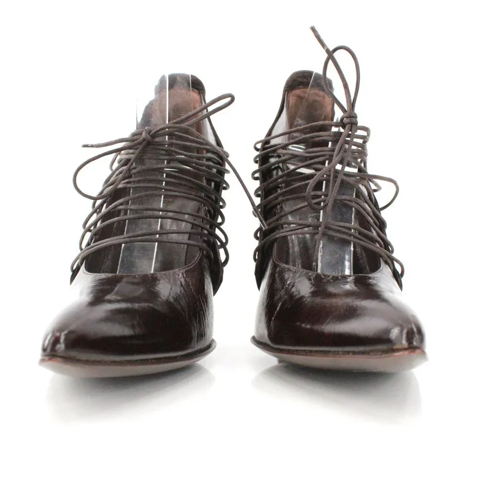 Gianni Barbato Patent Leather Lace Up Pointed Pumps Sculptural Heel Brown 7.5 - Picture 4 of 16